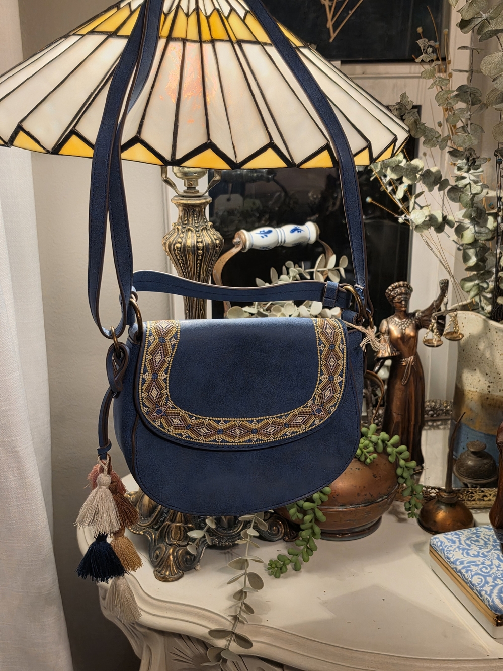 T-Shirt & Jeans Navy Blue Suede Crossbody with Embroidered Trim